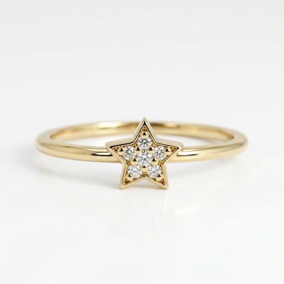 Natural Diamond Star Ring 14k Gold, Dainty Star Pave Diamond Ring, Minimalist Diamond Stacking Ring, Celestial Jewelry Gift for Mom