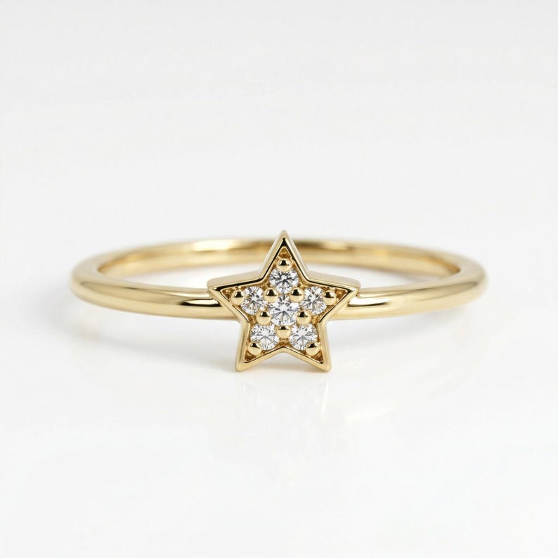 Natural diamond star ring in 14k gold with dainty pave diamonds, minimalist celestial stacking ring, delicate gold star ring gift for mom or everyday wear