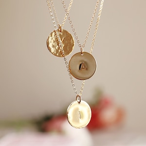 Custom Initial Necklace, Mother Necklace, Birthday Gift,  Personalized Hand Stamped Necklace, Hammered Gold Coin Necklace For Bridesmaids