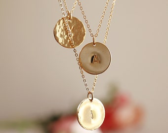 Custom Initial Necklace, Mother Necklace, Birthday Gift,  Personalized Hand Stamped Necklace, Hammered Gold Coin Necklace For Bridesmaids