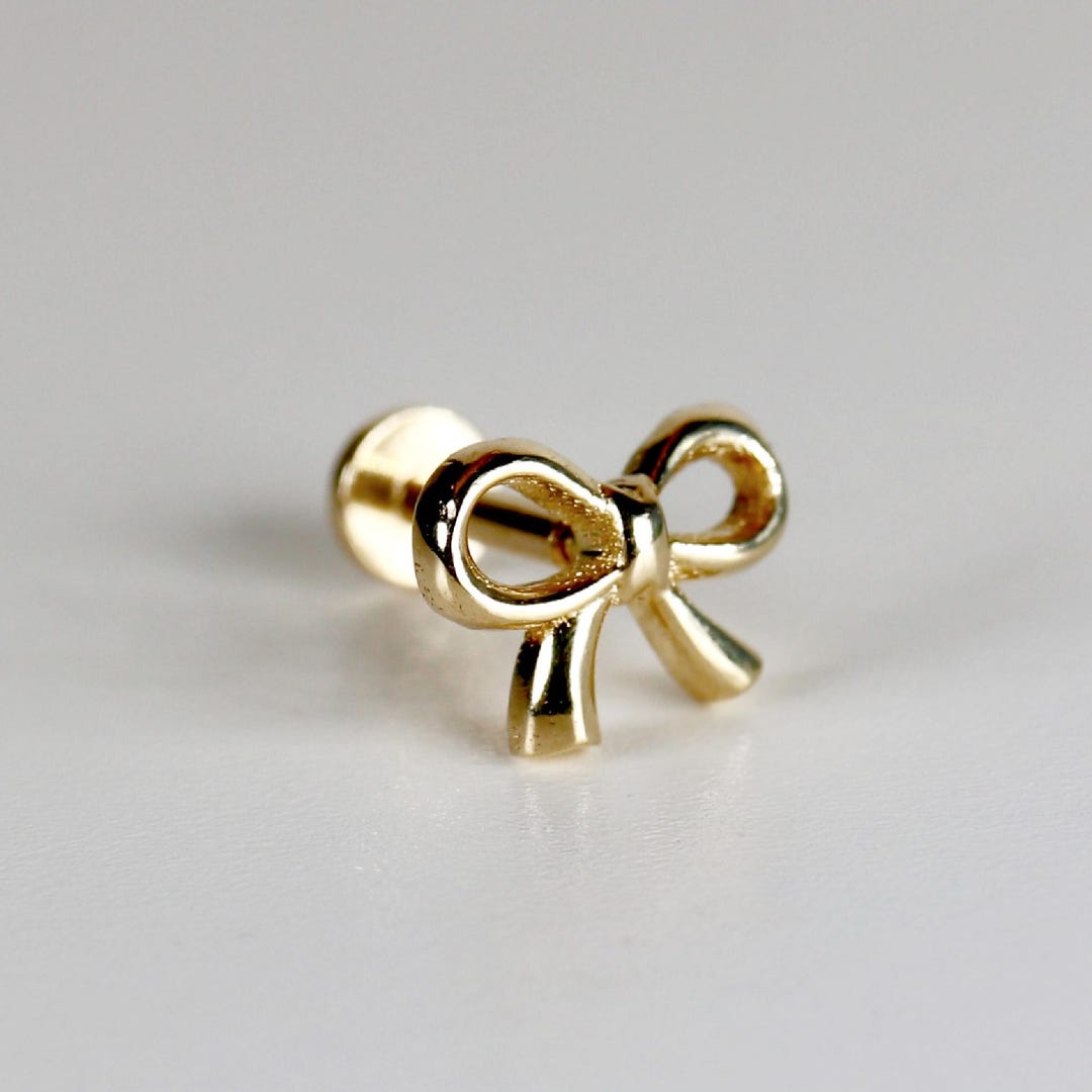 Ribbon Bow Earrings 14k Gold, Flat Back Internally Threaded Studs ...