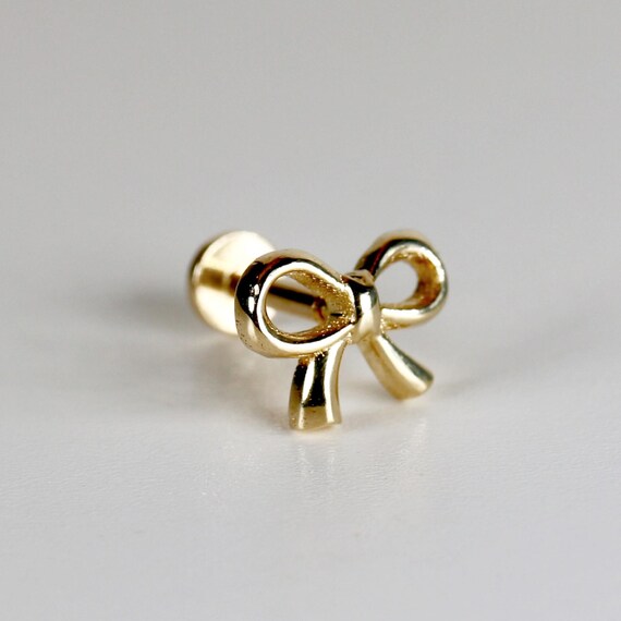 Ribbon Bow Earrings 14k Gold, Flat Back Internally Threaded Studs, Tragus Piercing Jewelry, Back to School Gift for Her, Gift for Daughter