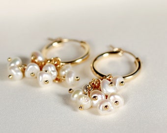 Freshwater Pearl Earrings Dangle Gold Filled, Pearl Drop Earrings, Pearl Hoop Earrings, Bridal Jewelry, Wedding Bridesmaids Earrings Gift