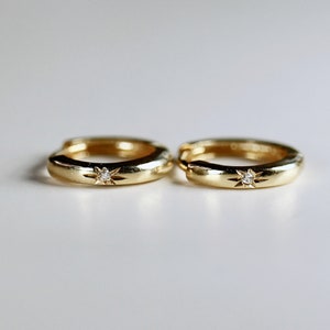 Diamond Star Set Gold Huggies, 14k Solid Gold Mini Gold Huggies, 10mm Huggie Earrings, 12mm Huggies, Sold Single or Pair