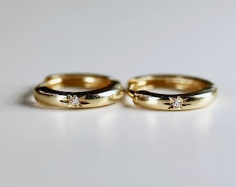 Diamond Star Set Hinged Hoops Earrings 14k Solid Gold, Mini Gold Huggies Earrings, 10/12mm Outer Diameter Earring, Gift for Her