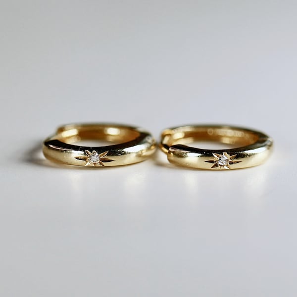 Diamond Star Set Gold Huggies, 14k Solid Gold Mini Gold Huggies, 10mm Huggie Earrings, 12mm Huggies, Sold Single or Pair