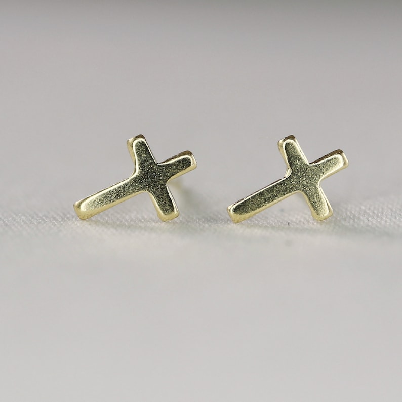 Gold Cross Earrings 14k Solid Gold, Delicate Cross Stud Earrings, Religious Christian Jewelry Gift, Minimalist Everyday Studs Earrings image 6