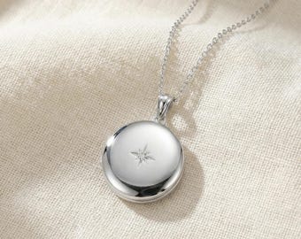 Sterling Silver North Star Locket Necklace, Round Photo Keepsake Pendant