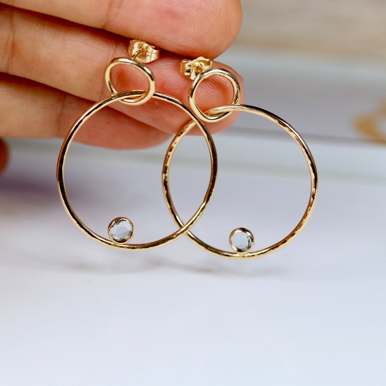 Large Double Hoop Earrings 14k Solid Gold, Aquamarine Hoop Earrings, Lightweight Hoop Earrings, Everyday Earrings, Minimalist Leaf Hoops image 3