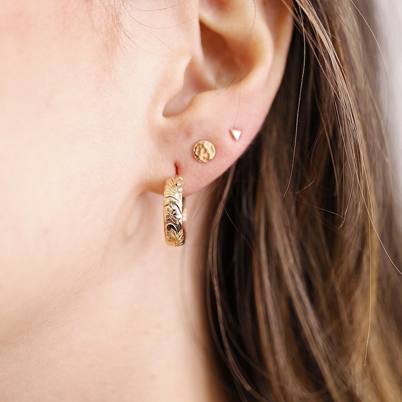 Small Gold Hoops, Gold Filled Hoop Earrings Floral, Chunky Gold Hoops, Open Hoop Earrings, Patterned Hoops, Gift for Her Minimalist Earrings image 9