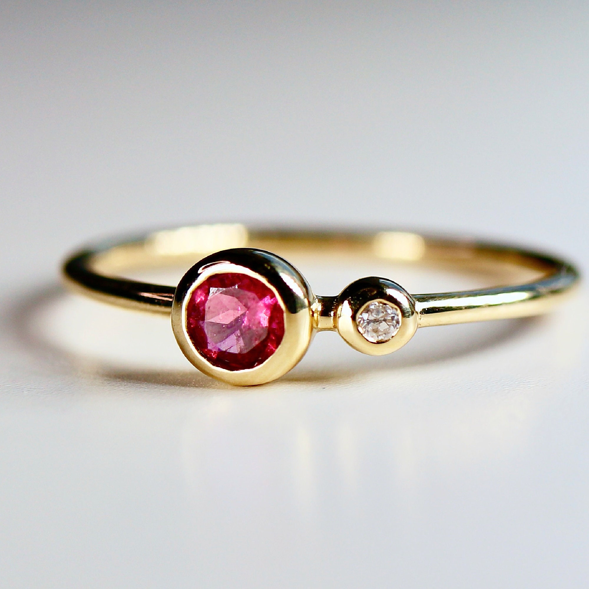 Diamond & Pink Tourmaline Ring 14k Solid Gold, Two Birthstone Ring, Dual Stone Ring, Couple Ring, Handmade Jewelry, Minimalist Gemstone Ring
