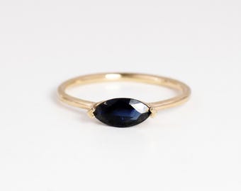 Natural Blue Sapphire Ring, 14K Solid Gold Marquise Sapphire Promise Ring, East West Ring, September Birthstone, Minimalist Gold Ring