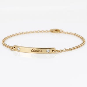 Name Bar Bracelet 14k Solid Gold Engraved Nameplate, Rose Gold Name Plate Bracelet with Diamonds Optional, Personalized Jewelry Gift
