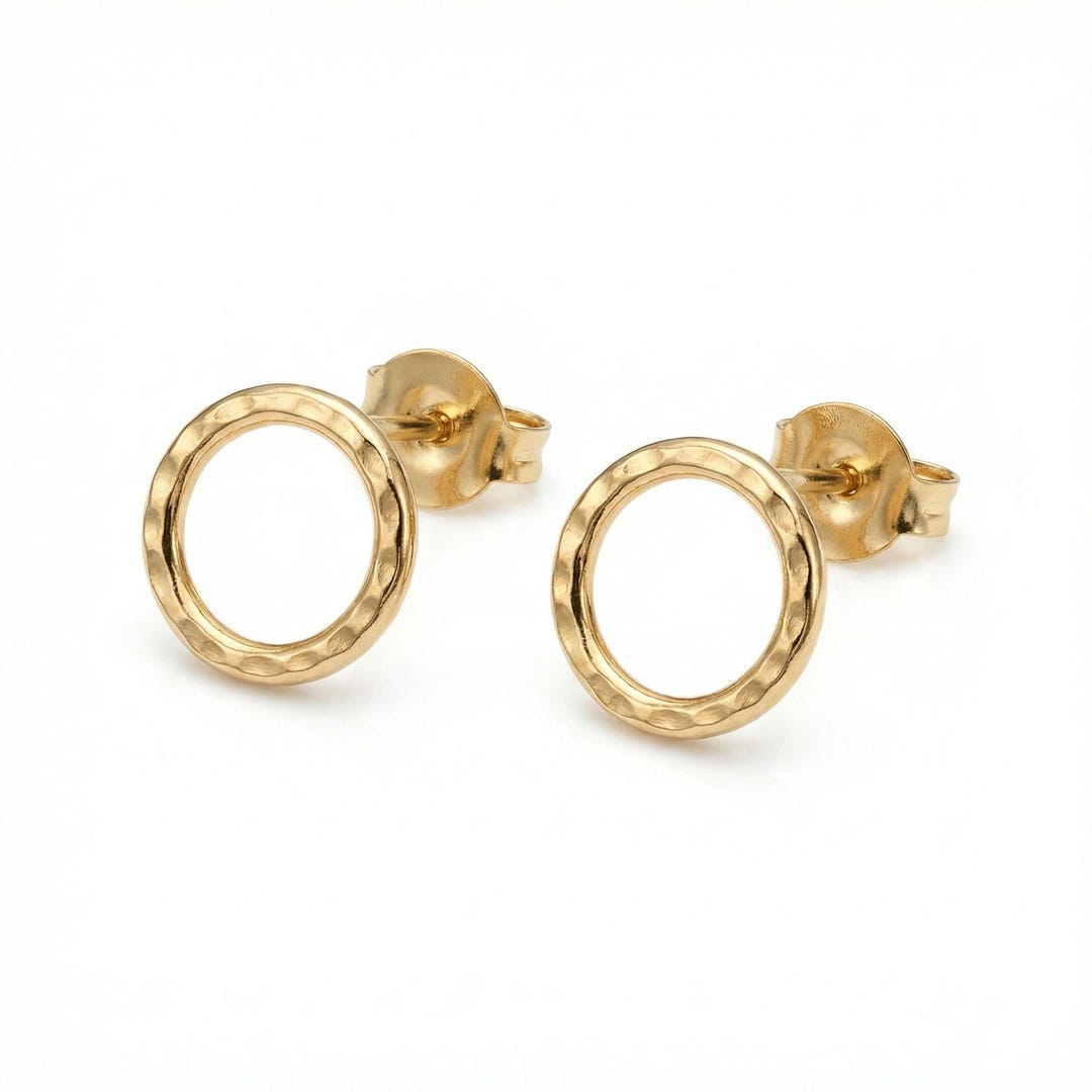 Small Rounded Curios Tiny Gold Circle Stud Earrings Hammered Open Circle Everyday Studs ...