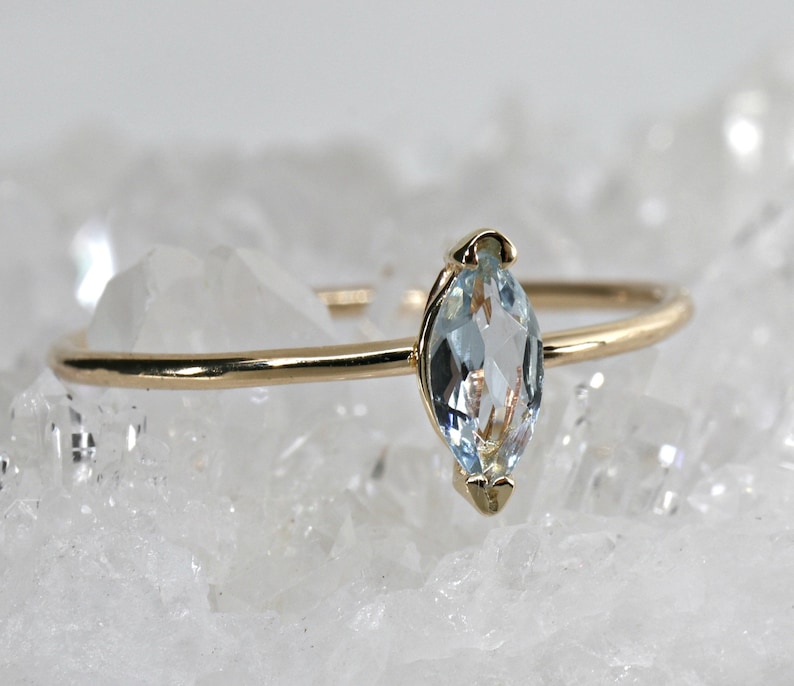 Marquise Aquamarine Ring, 14k Gold, Genuine Aquamarine Engagement Ring, March Birthstone Ring, Handmade Birthstone Jewelry Gift For Her image 2