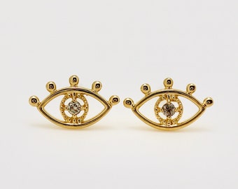 Diamond Evil Eye Stud Earrings 14k Gold, Diamond Lucky Eye, Eye Lashes Earrings, Gold Minimalist Evil Eye Earrings, Nazar Hamsa Earrings