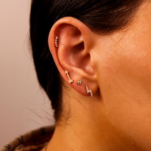 Small Round Cz  Bezel Set Flat Back Cartilage Earrings 14k Solid Gold, CZ Diamond Internally Threaded Earrings, Mini Dot Gold Stack Earrings