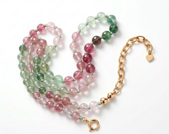 Strawberry Quartz Necklace, Pink Green Ombre Gemstone Beaded Choker, Hand Knotted Silk Gold Filled Necklace, Crystal Gift for Her