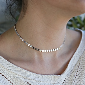 Dainty Choker Silver, Sterling Silver Necklace, Silver Choker, Silver Chain Necklace, Silver Sequin Choker, Gift For Her, Simple Necklace image 1