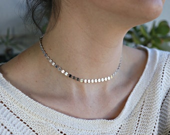 Dainty Choker Silver, Sterling Silver Necklace, Silver Choker, Silver Chain Necklace, Silver Sequin Choker, Gift For Her, Simple Necklace