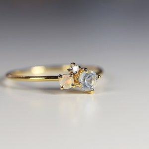 14k Gold Cluster Ring Aquamarine Opal Diamond, Multi Gemstone Engagement Ring, Handmade Family Birthstone Ring, Gift for Wife
