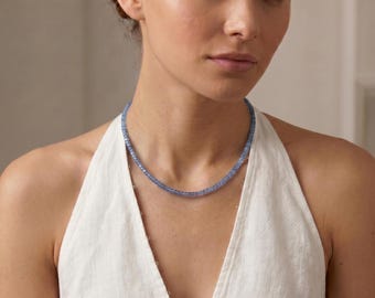 Cube Aquamarine Necklace, 3mm Micro Faceted Beads on Navy Silk, Hand Knotted 18 Inch Strand with Gold Filled Extender, Optional Opal Charm