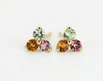 Tourmaline Flower Earrings, Pink Gemstone Cluster Studs, October Birthstone  Colorful Floral Stud Earrings, Mother's Day Jewelry Gift