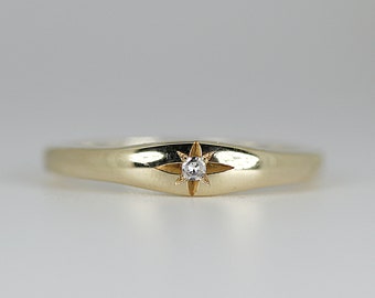 Star Diamond Ring 14k Solid Gold, Gold Signet Ring, Diamond Starburst Ring, North Star Ring Gold Pinky Ring, Diamond Star Ring