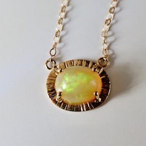 Halo Opal Necklace 14k Solid Gold, Genuine Fire Opal Pendant Necklace, October Birthstone Jewelry, Gift For Her