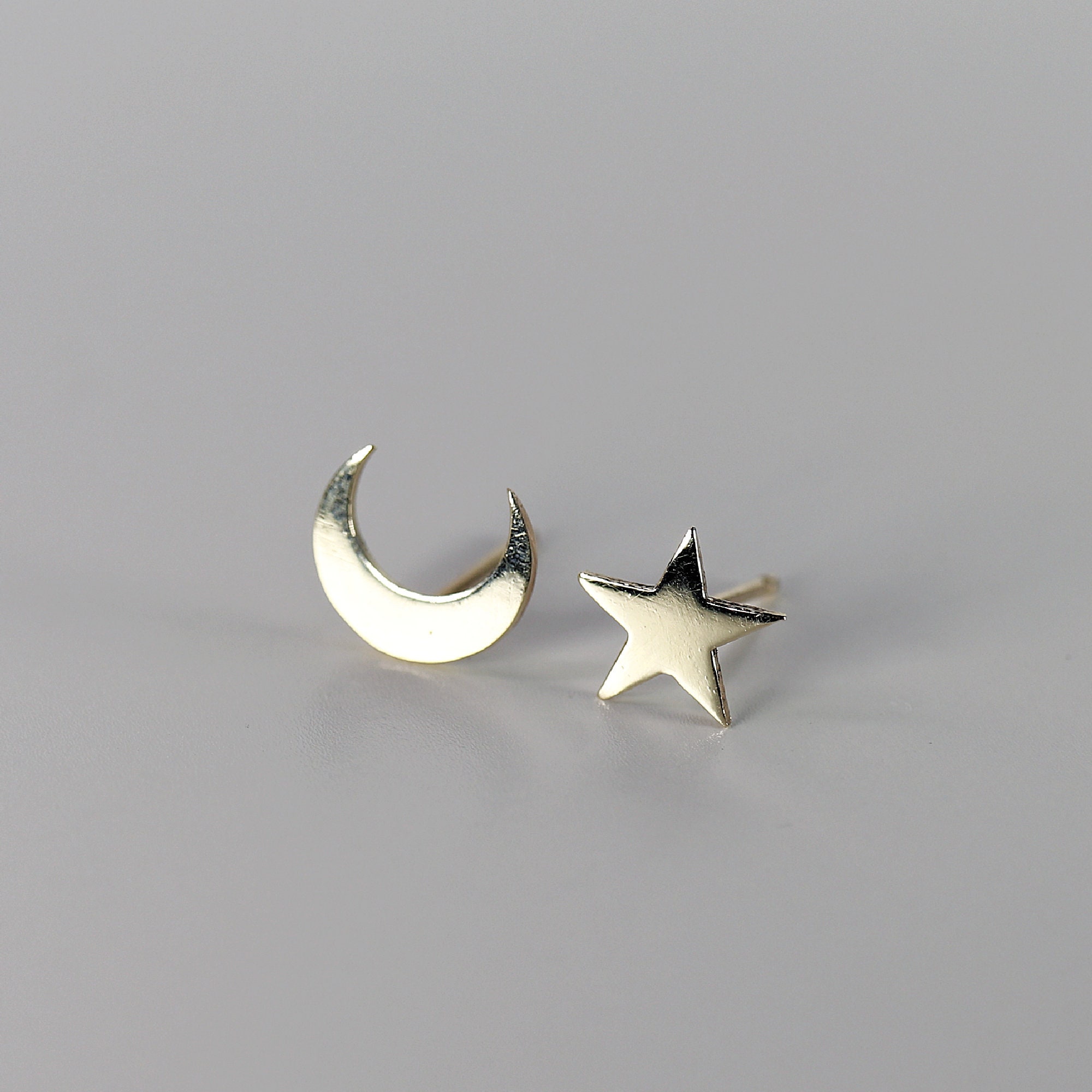 Moon and Star Earrings 14k Solid Gold Moon and Star Stud | Etsy