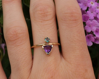 Trillion Cut Tourmaline Ring 14k Gold, Alexandrite Ring, Birthstone Jewelry, Multi Gemstone Ring, Cluster Ring, Jewelry Gift for Mom