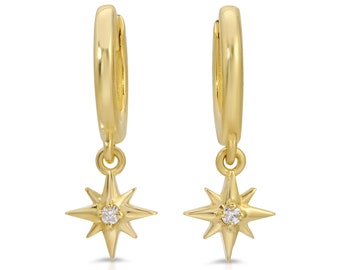 14k Gold North Star Huggie Earrings, Genuine Diamond Starburst Hoop Earrings, Dangling Diamond Star Charm 14k Gold Earrings, Gift for Bride
