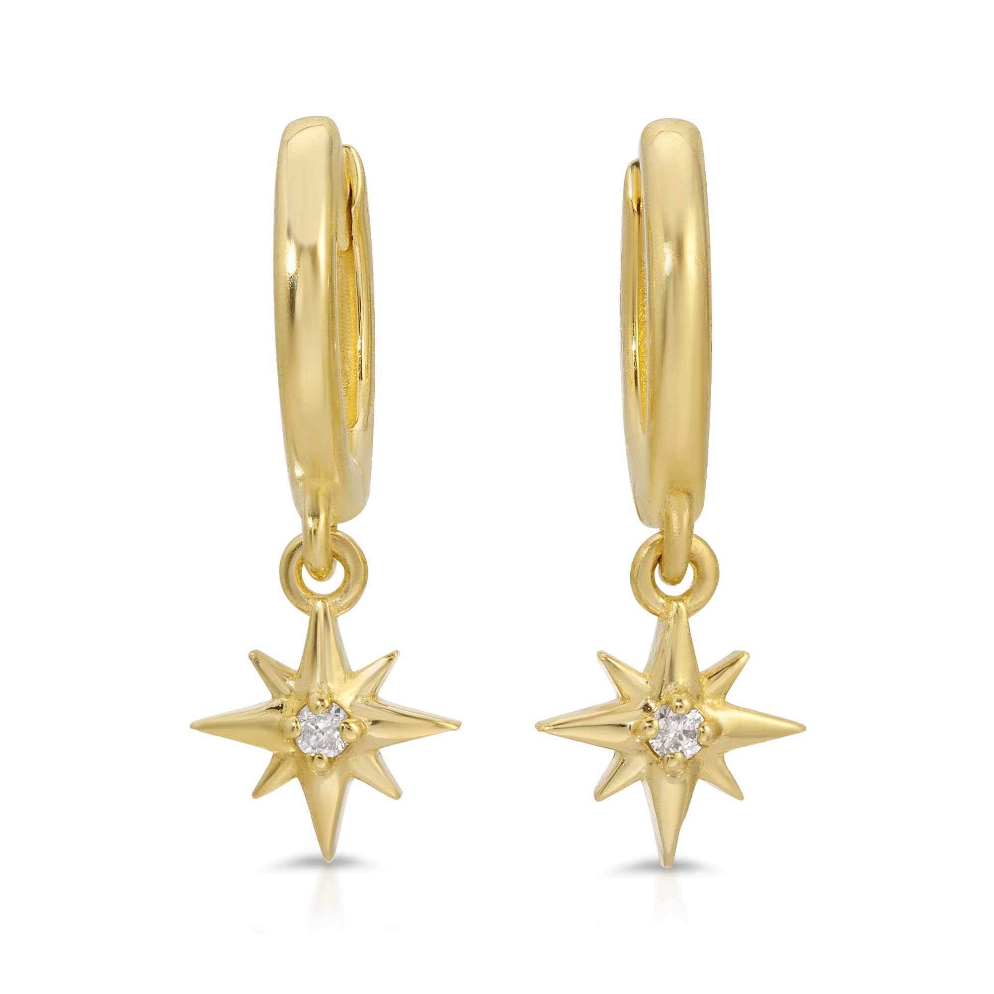 14k Gold North Star Huggie Earrings, Genuine Diamond Starburst Hoop Earrings, Dangling Diamond Star Charm 14k Gold Earrings, Gift for Bride