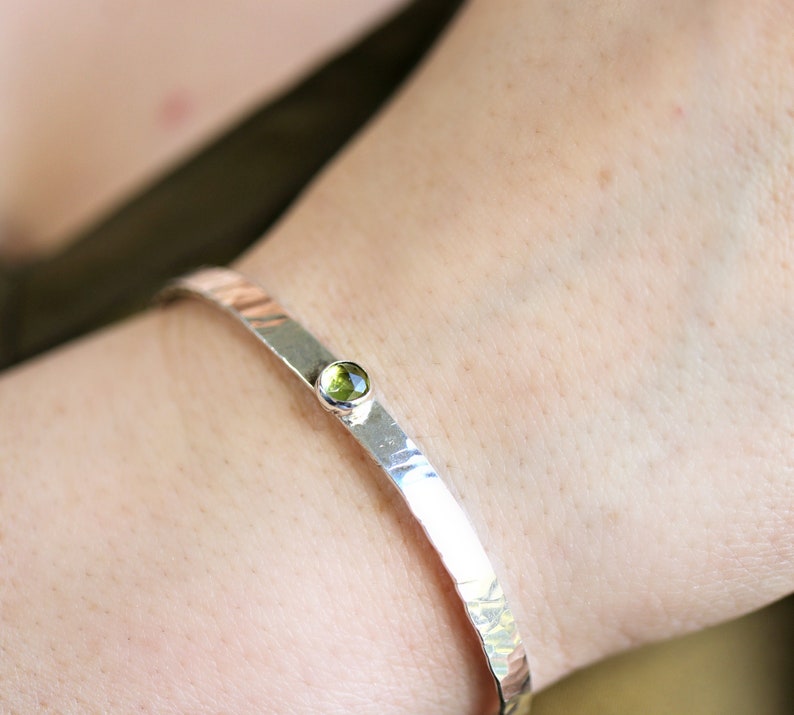 Peridot Bracelet Sterling Silver, Graduation Gift for Her, Handmade Hammered Cuff Bracelet Gold Filled or Silver, August Birthstone Jewelry image 1