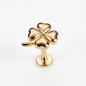 Four Leaf Clover Flat Back Stud 14k Solid Gold, Luck Symbol Stack Earrings, Internally Threaded Earrings, Cartilage Piercing, Gift for Her
