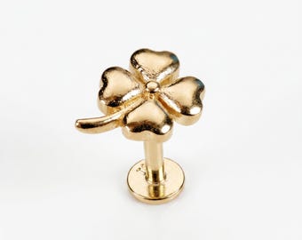 Four Leaf Clover Flat Back Stud 14k Solid Gold, Luck Symbol Stack Earrings, Internally Threaded Earrings, Cartilage Piercing, Gift for Her