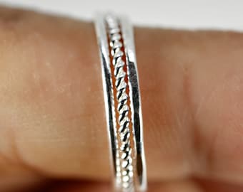 Sterling Silver Dainty Ring, Silver Stacking Ring Set, Hammered Silver Ring, Delicate Thin Silver Ring,  Rope Ring, Silver Midi Ring