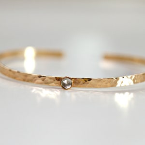 Aquamarine Cuff Bracelet: Hammered Gold Filled Bangle, March Birthstone