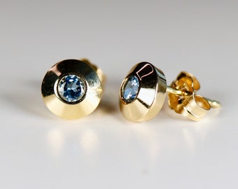 Dome Aquamarine Earrings 14k Solid Gold, Aquamarine Modern Button Earrings, Minimalist Solid Gold Gemstone Earrings Handmade Jewelry Gift