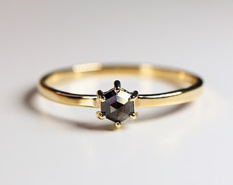 Hexagon Black Diamond Ring, 6 Prong Solitaire Ring, Solid 14k Gold Rustic Diamond Stacking Ring, Proposal Ring, Unique Ring