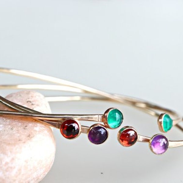 Dual Birthstone Bracelet Gold Filled or Sterling Silver, Gemstone Bangle Handmade Two Birthstone Jewelry, Open Cuff Bracelet. Summer Jewelry