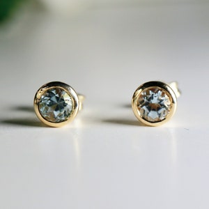 Round Aquamarine Bezel Earrings 14k Gold, March Birthstone Studs, Natural Aquamarine Earrings, Birthday Gift for Her, Handmade Jewelry
