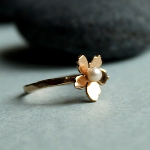 Floral Pearl Ring 14k Solid Gold, Unique Handmade Flower Engagement Ring, Rose Gold Cherry Blossom Promise Ring, June Birthstone Ring image 4