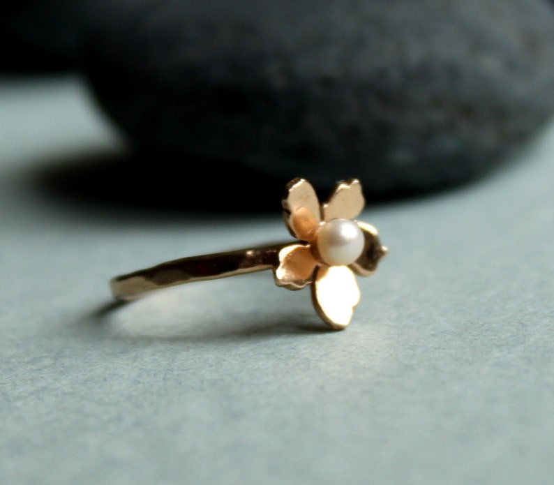 Floral Pearl Ring 14k Solid Gold, Unique Handmade Flower Engagement Ring, Rose Gold Cherry Blossom Promise Ring, June Birthstone Ring image 4