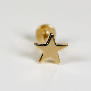 14K Solid Gold Star Earrings, Internally Threaded Flat Back Labret, 4.9mm