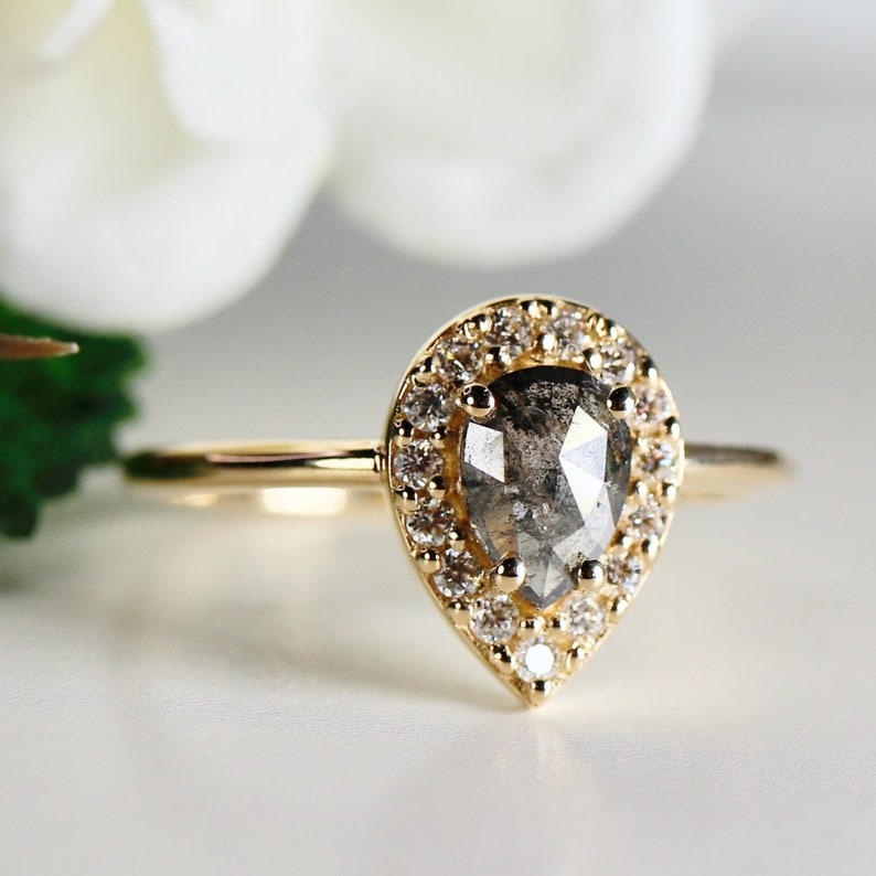 Rose Cut Pear Salt and Pepper Diamond Ring 14k Gold, Black Diamond Ring, Unique Engagement Ring, Gift for Wife image 9