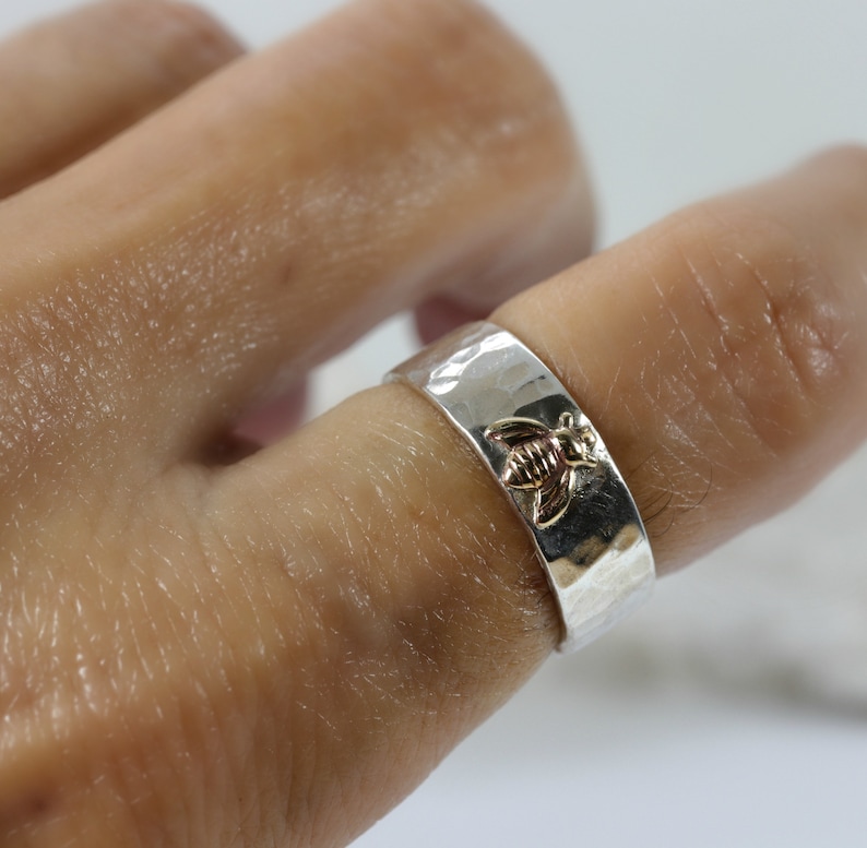 Honey Bee Ring Sterling Silver, Boho Mixed Metal Ring, Handmade Bee Jewelry, Personalized Jewelry, Unisex Ring, Custom Gold Filled Bee Ring image 5