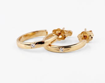 14K Solid Gold Diamond Open Hoop Earrings, C Shaped Gold Hoops, Star Set Diamond Earrings, Post Back Hoops, 14mm Gold Earrings
