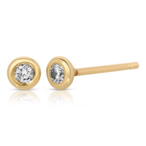 Tiny Diamond Stud Earrings 14k Solid Gold, Bezel Set Genuine Diamond Minimalist Earrings, April Birthstone Jewelry Gift for Mom