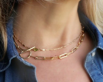 Large Chunky Paperclip Chain Chocker, Gold Paperclip Chain Necklace, Gold Toggle Necklace, Rectangular Chain Gold Choker Necklace